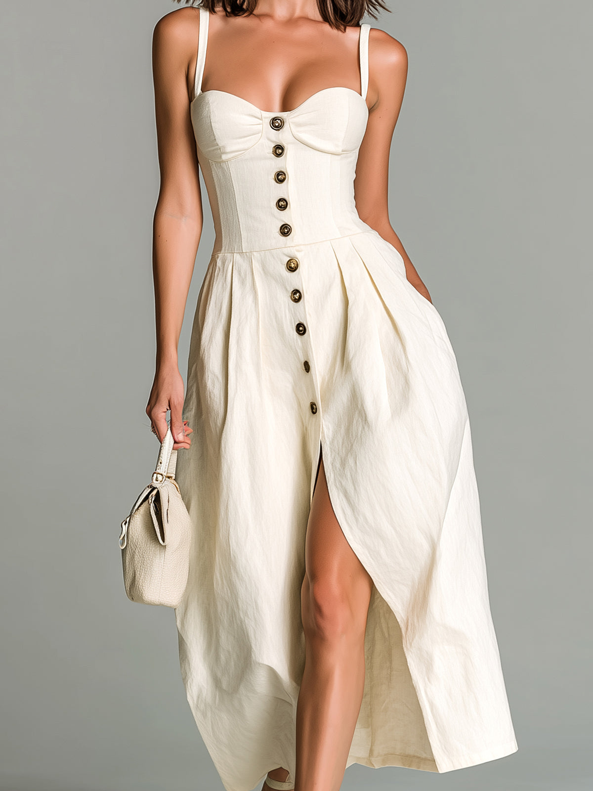 ElevenOra Chic Casual Cream White Cotton-Linen Blend Sleeveless Single-Breasted Pleated A-Line Maxi Dress