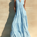 ElevenOra Chic Elegant Blue Lapel Collar Button-Front Sleeveless Loose Elastic-Waist A-Line Tiered Ruffle Cotton Maxi Dress