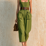 ElevenOra Chic Casual Army Green Square Neck Strappy Sleeveless Waist Belt Cargo Patch Pockets Cropped Cotton Twill Jumpsuit