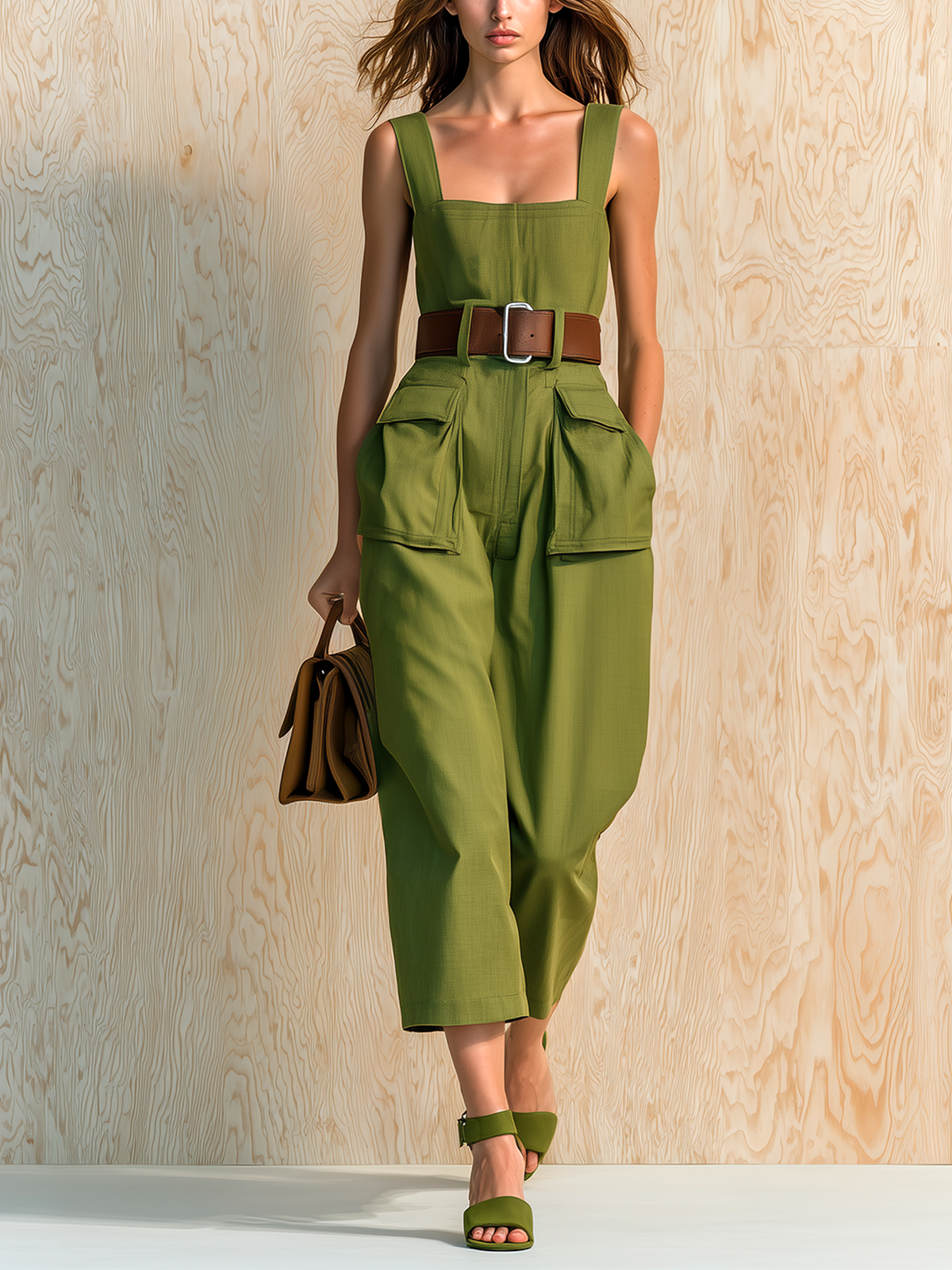 ElevenOra Chic Casual Army Green Square Neck Strappy Sleeveless Waist Belt Cargo Patch Pockets Cropped Cotton Twill Jumpsuit
