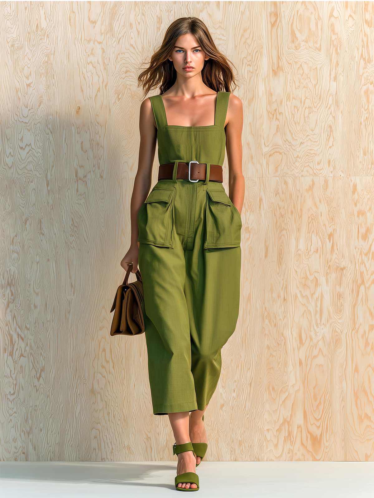 ElevenOra Chic Casual Army Green Square Neck Strappy Sleeveless Waist Belt Cargo Patch Pockets Cropped Cotton Twill Jumpsuit
