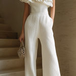 ElevenOra Chic Casual White One-Shoulder Ruffles Sleeveless Tailored Waist Wide Leg Ribbed Knit Jumpsuit