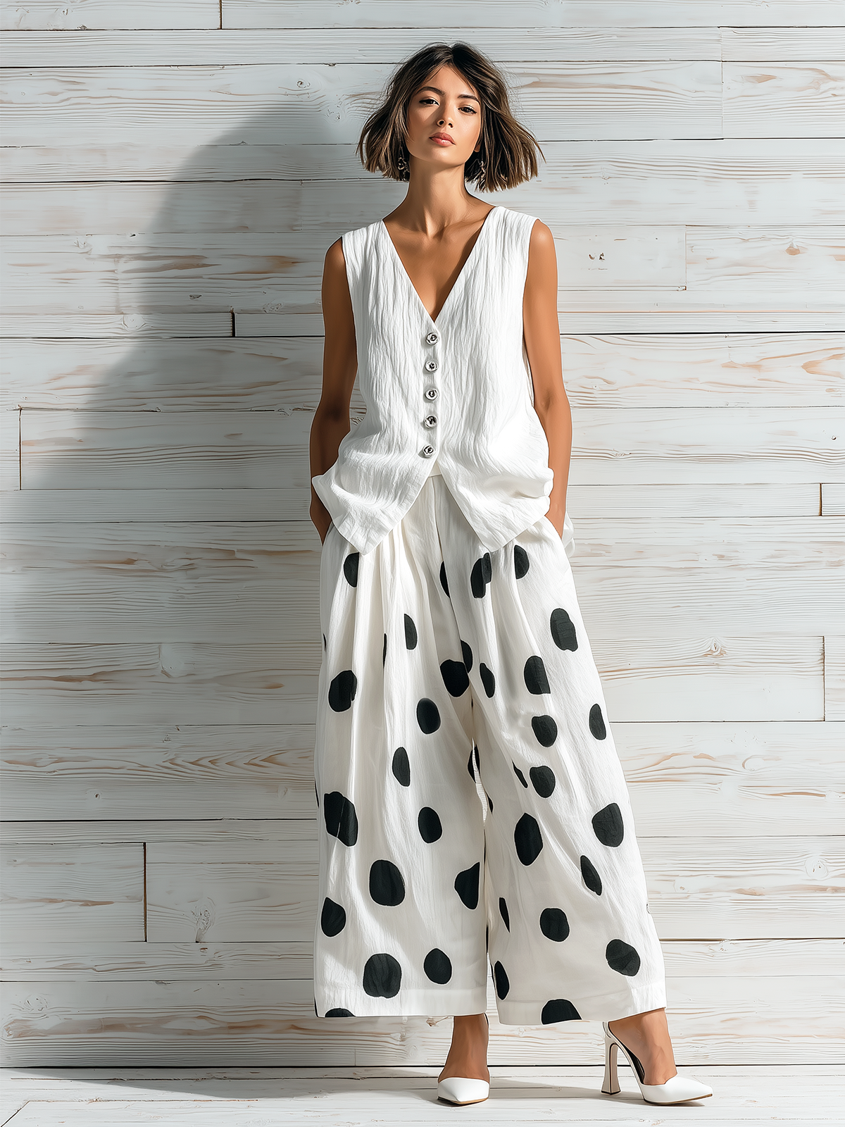 ElevenOra Chic Casual White V-Neck Single-Breasted Sleeveless Loose Vest Top Black-White Polka Dot Print Wide-Leg Chiffon Two-Piece Set