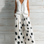ElevenOra Chic Casual White V-Neck Single-Breasted Sleeveless Loose Vest Top Black-White Polka Dot Print Wide-Leg Chiffon Two-Piece Set