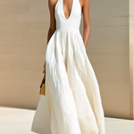 ElevenOra Chic Elegant White Halter Neck Deep V-Neck Sleeveless  Empire Waist A-Line Cotton Maxi Dress