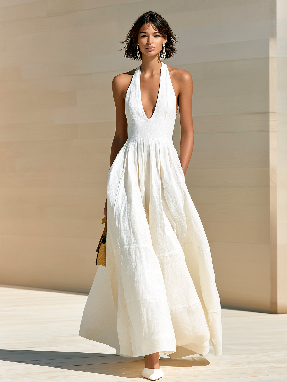 ElevenOra Chic Elegant White Halter Neck Deep V-Neck Sleeveless  Empire Waist A-Line Cotton Maxi Dress