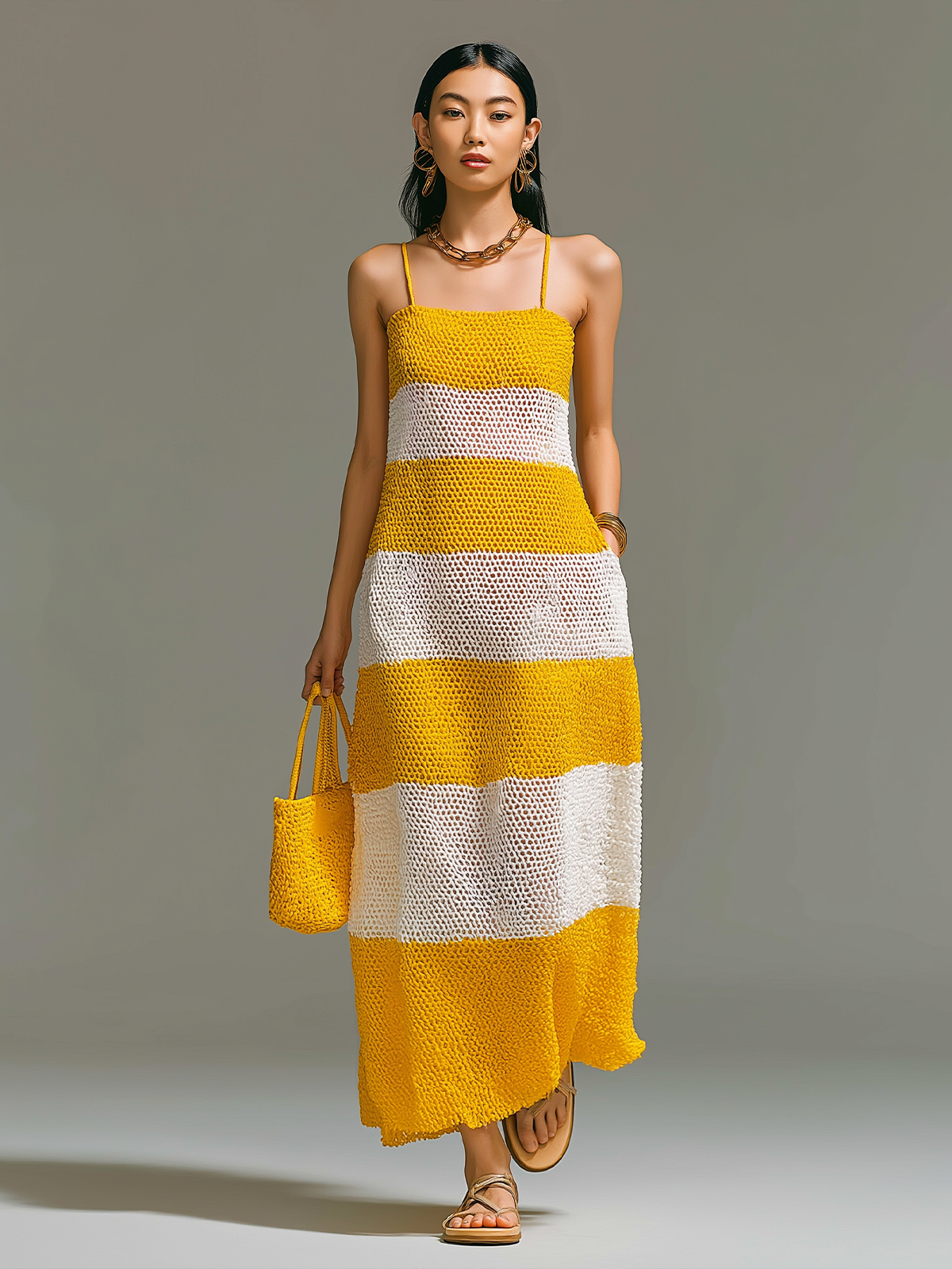 ElevenOra Chic Elegant Beige Yellow White Stripe Strappy Sleeveless Loose A-Line Mesh Knit Maxi Dress