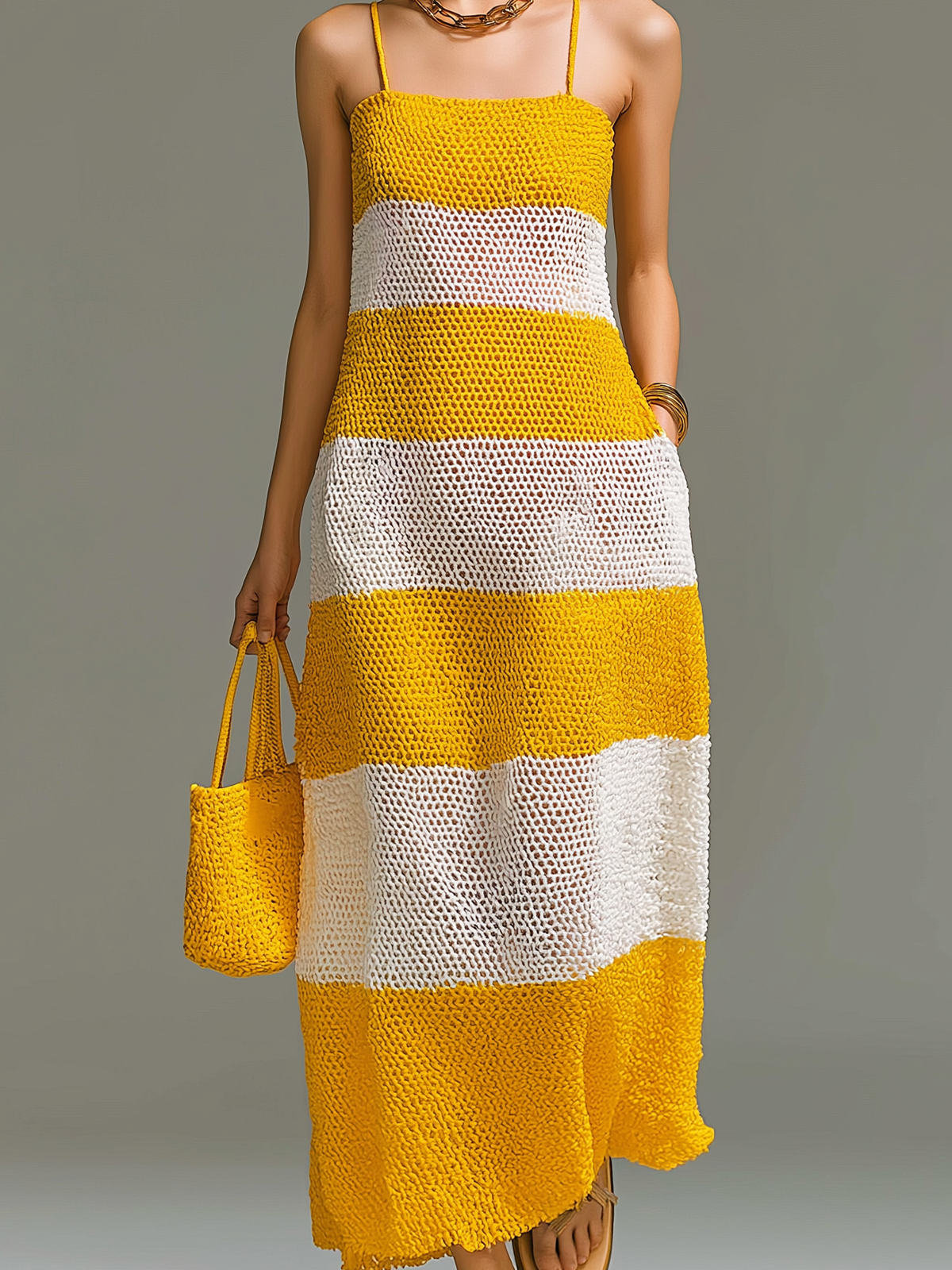 ElevenOra Chic Elegant Beige Yellow White Stripe Strappy Sleeveless Loose A-Line Mesh Knit Maxi Dress