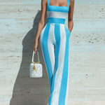 ElevenOra Chic Elegant Blue-White Stripes Square-Neck Sleeveless  Slim-Fit Wide-Leg Knit Jumpsuit