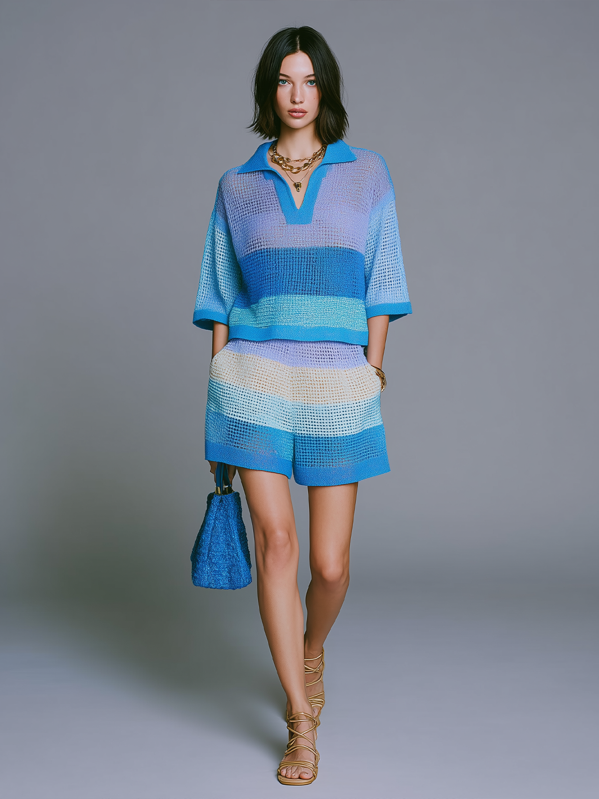 ElevenOra Chic Elegant Blue-Purple Striped Lapel-Collar V-Neck Short-Sleeve Loose Sweater Top Shorts Knit Two-Piece Set