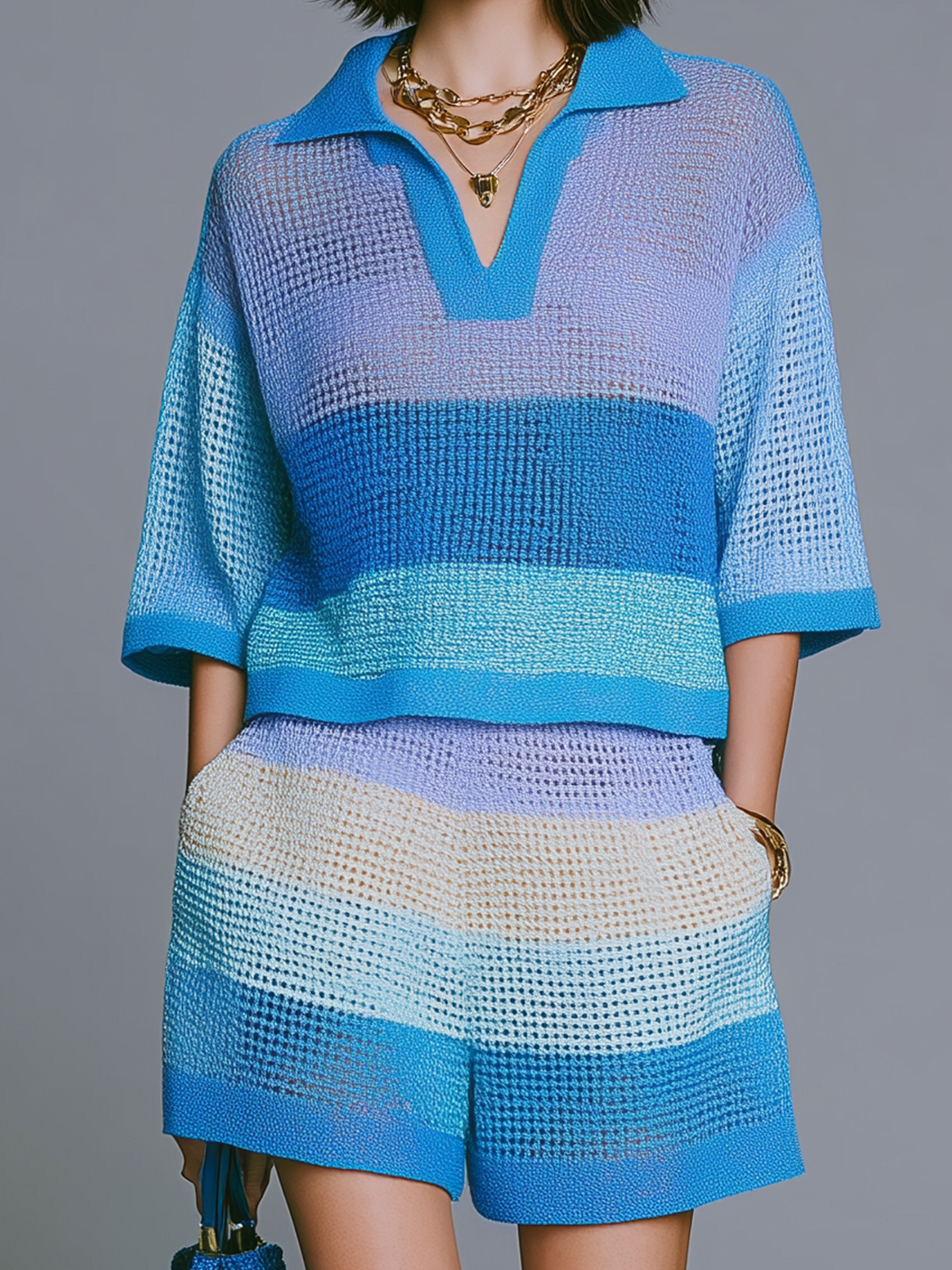 ElevenOra Chic Elegant Blue-Purple Striped Lapel-Collar V-Neck Short-Sleeve Loose Sweater Top Shorts Knit Two-Piece Set