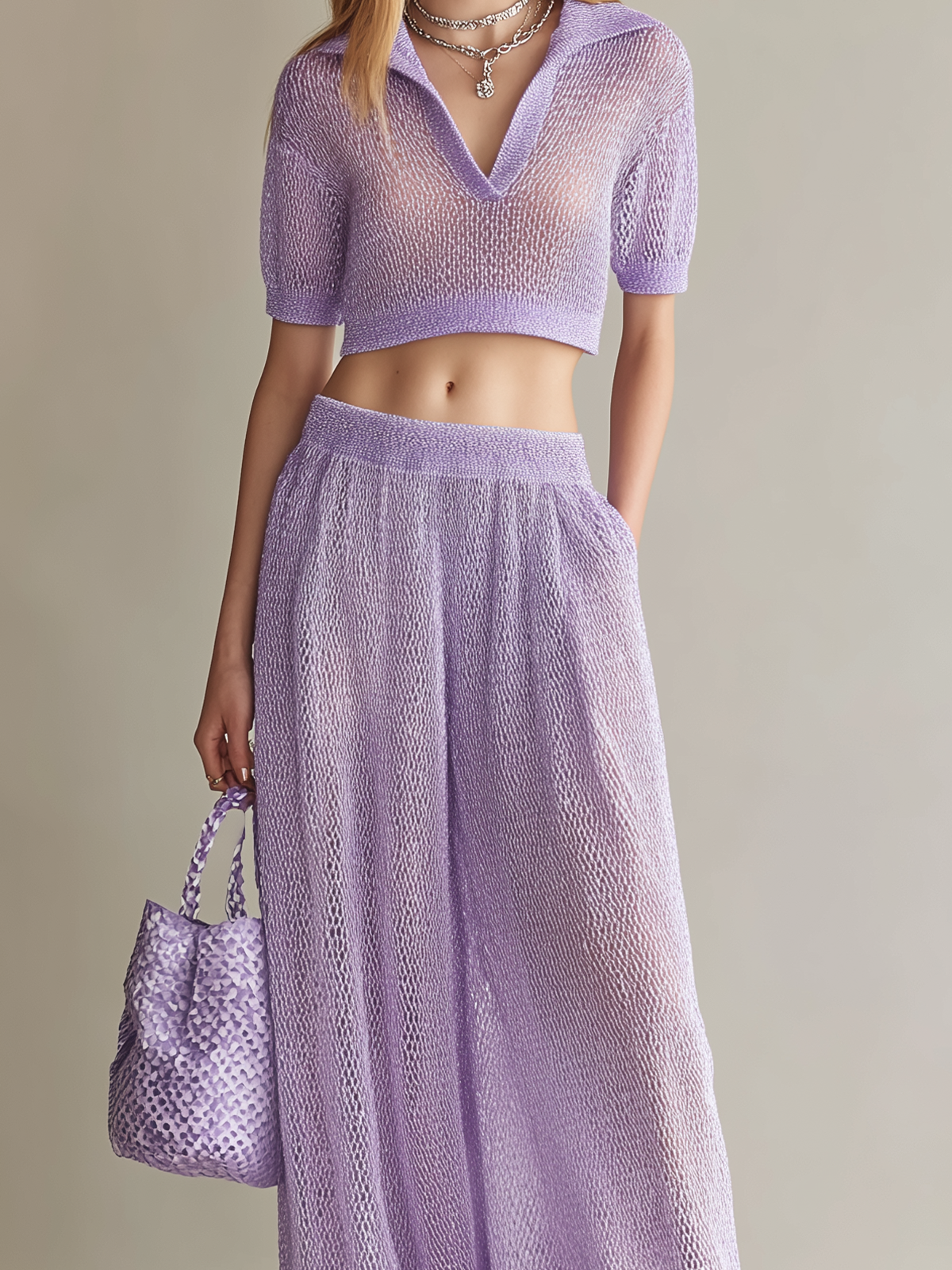 ElevenOra Stylish Elegant Light Purple Lapel-Collar V-Neck Short-Sleeve Wide-Leg Pants Loose Mesh-Knit Two-Piece Set