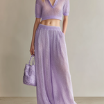 ElevenOra Stylish Elegant Light Purple Lapel-Collar V-Neck Short-Sleeve Wide-Leg Pants Loose Mesh-Knit Two-Piece Set