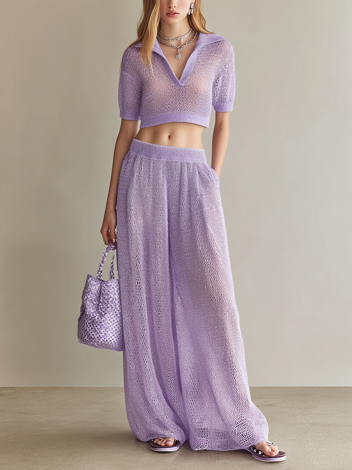 ElevenOra Stylish Elegant Light Purple Lapel-Collar V-Neck Short-Sleeve Wide-Leg Pants Loose Mesh-Knit Two-Piece Set