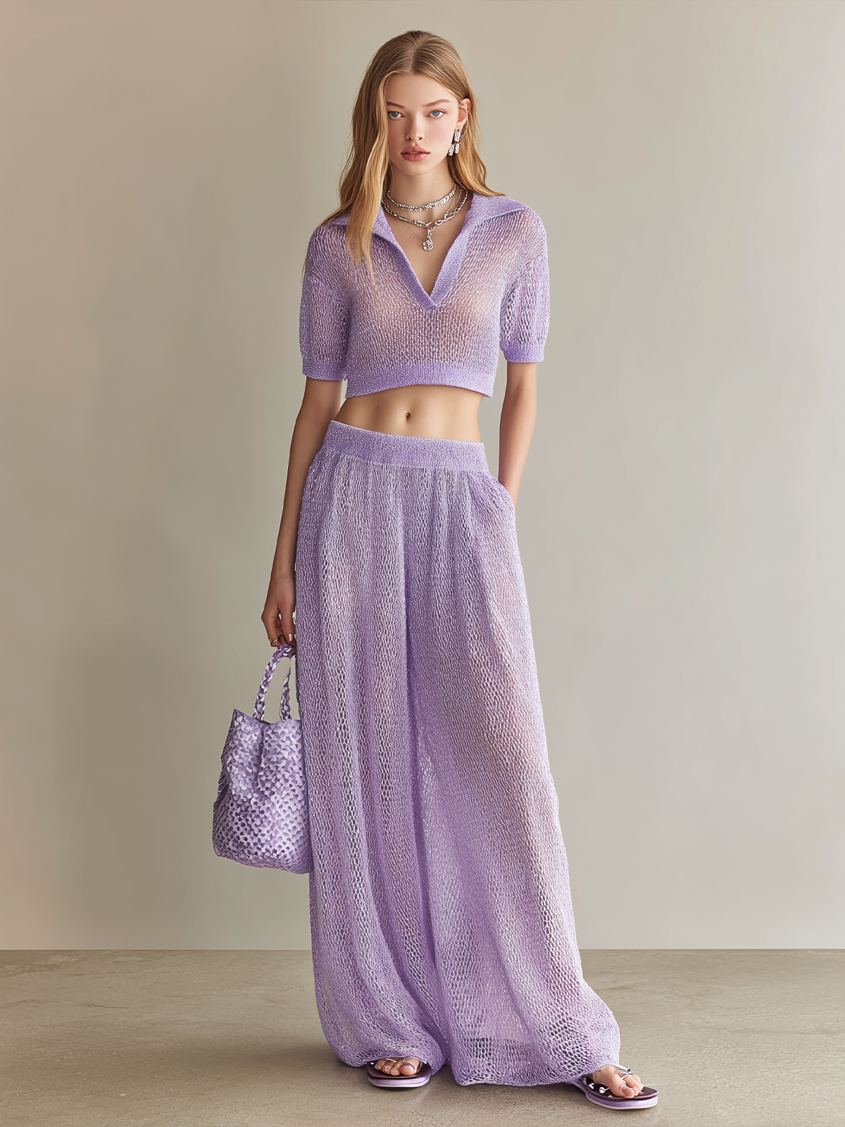 ElevenOra Stylish Elegant Light Purple Lapel-Collar V-Neck Short-Sleeve Wide-Leg Pants Loose Mesh-Knit Two-Piece Set