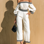 ElevenOra Chic Casual White Colorblock Off-The-Shoulder Lantern Sleeves Loose Straight-Leg Cropped Cotton Jumpsuit