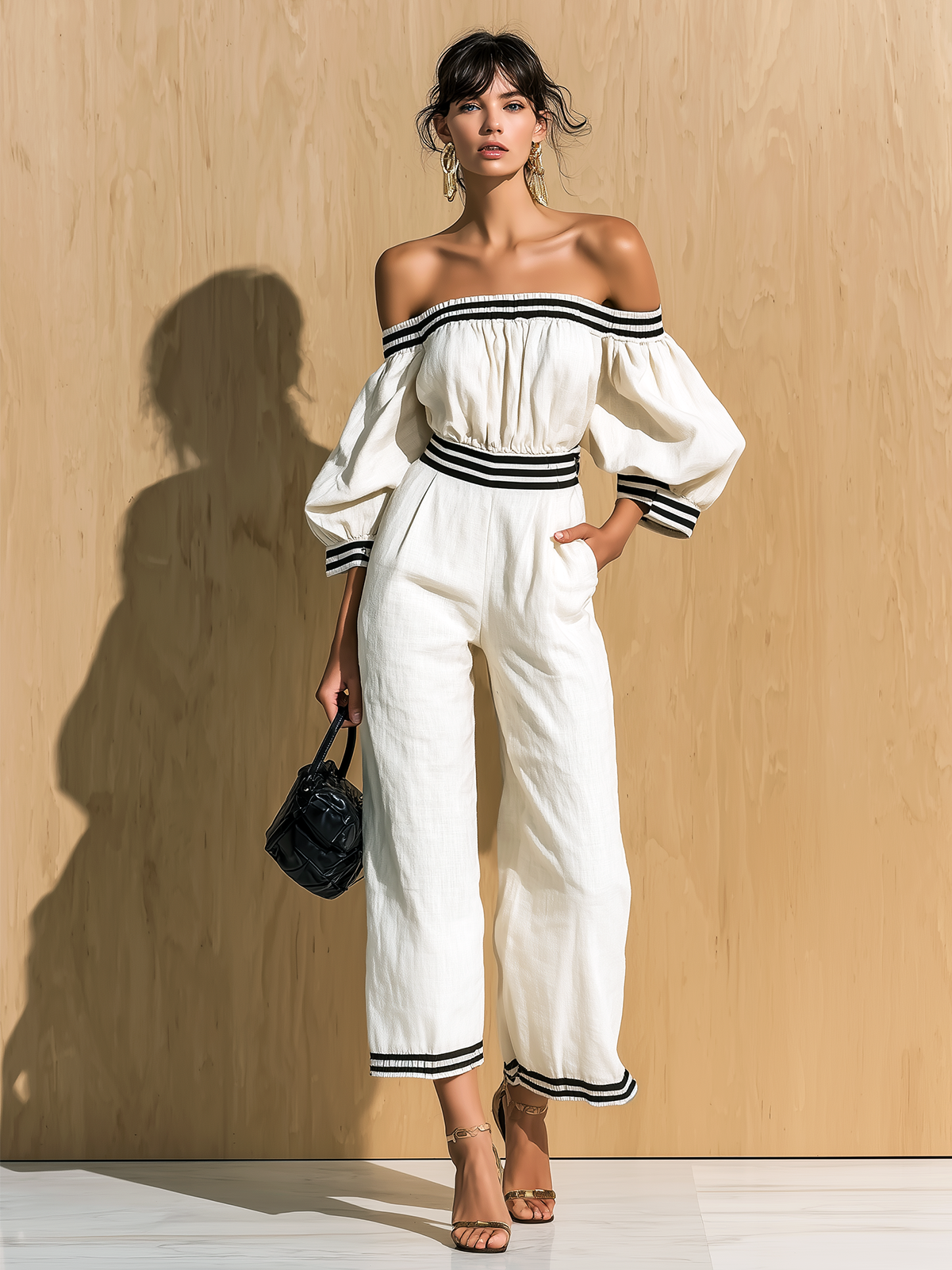 ElevenOra Chic Casual White Colorblock Off-The-Shoulder Lantern Sleeves Loose Straight-Leg Cropped Cotton Jumpsuit