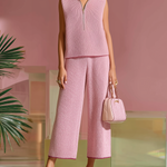 ElevenOra Chic Elegant Pink Zip-up Lapel Neck Sleeveless Loose Vest Top Elastic Waist Wide-Leg Pants Knit Two-Piece Set