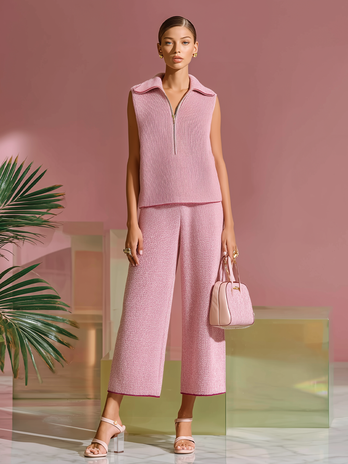 ElevenOra Chic Elegant Pink Zip-up Lapel Neck Sleeveless Loose Vest Top Elastic Waist Wide-Leg Pants Knit Two-Piece Set