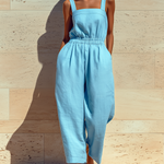ElevenOra Chic Elegant Blue Wide-Strap Square-Neck Sleeveless Loose-Fit Elastic-Waist Cotton-Linen Cropped Wide-Leg Jumpsuit
