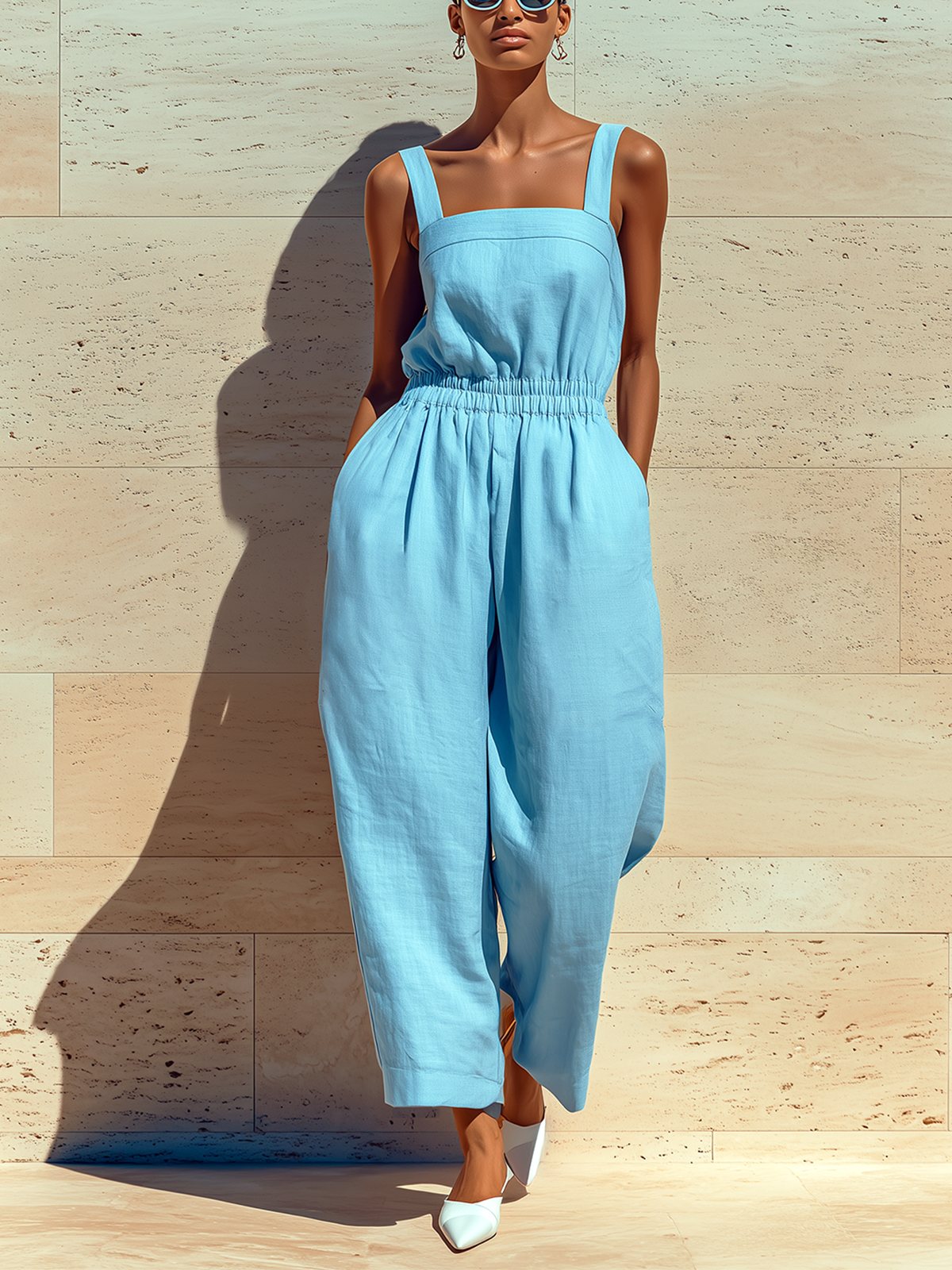 ElevenOra Chic Elegant Blue Wide-Strap Square-Neck Sleeveless Loose-Fit Elastic-Waist Cotton-Linen Cropped Wide-Leg Jumpsuit