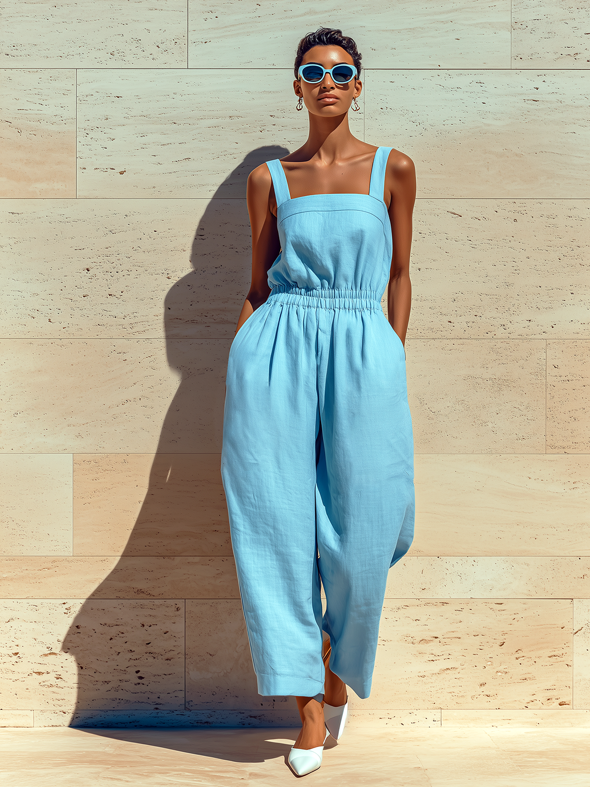 ElevenOra Chic Elegant Blue Wide-Strap Square-Neck Sleeveless Loose-Fit Elastic-Waist Cotton-Linen Cropped Wide-Leg Jumpsuit