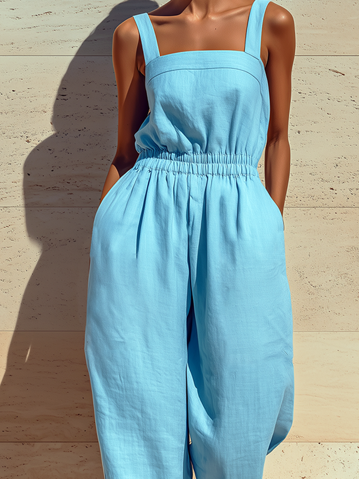 ElevenOra Chic Elegant Blue Wide-Strap Square-Neck Sleeveless Loose-Fit Elastic-Waist Cotton-Linen Cropped Wide-Leg Jumpsuit