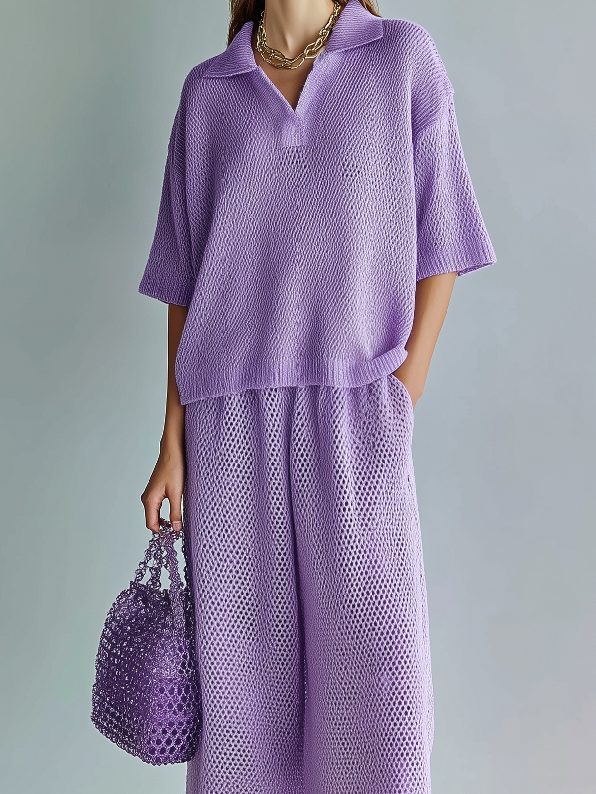 ElevenOra Chic Elegant Light Purple Lapel Collar Oversize Short-Sleeve Sweater Wide-Leg Pants Mesh-Knit Two-Piece Set