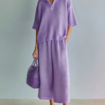ElevenOra Chic Elegant Light Purple Lapel Collar Oversize Short-Sleeve Sweater Wide-Leg Pants Mesh-Knit Two-Piece Set
