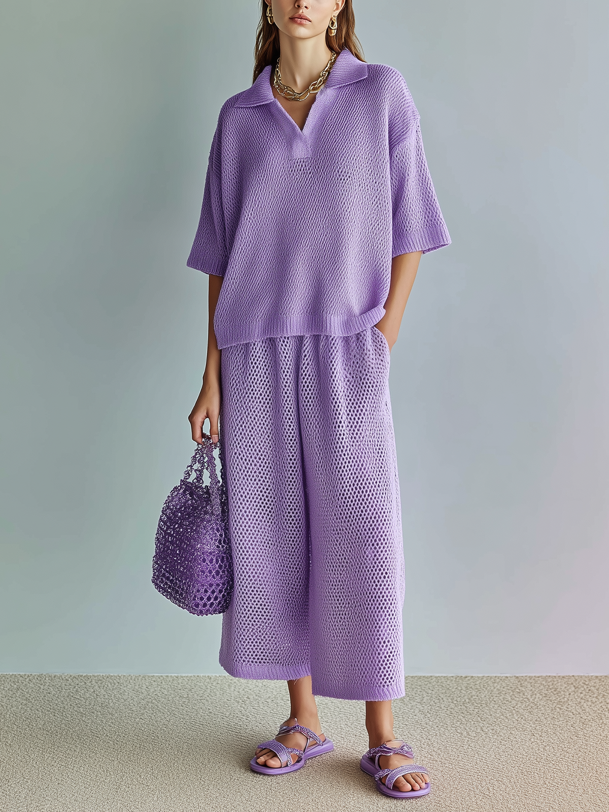 ElevenOra Chic Elegant Light Purple Lapel Collar Oversize Short-Sleeve Sweater Wide-Leg Pants Mesh-Knit Two-Piece Set