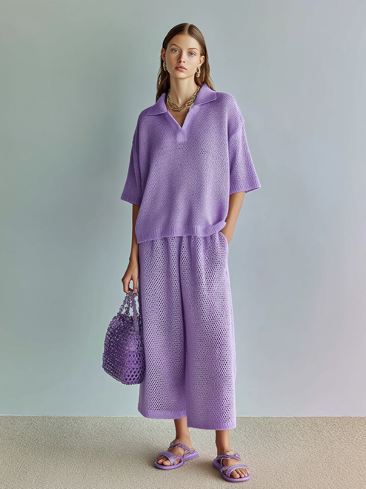 ElevenOra Chic Elegant Light Purple Lapel Collar Oversize Short-Sleeve Sweater Wide-Leg Pants Mesh-Knit Two-Piece Set