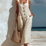 ElevenOra Chic Elegant White Square Neck Button-Front Patch Pocket Loose A-Line Cotton-Linen Maxi Dress