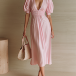 ElevenOra Chic Elegant Pink V-Neck Short-Sleeve Puff Sleeve Elastic-Waist Oversize Cotton Blend Midi Dress