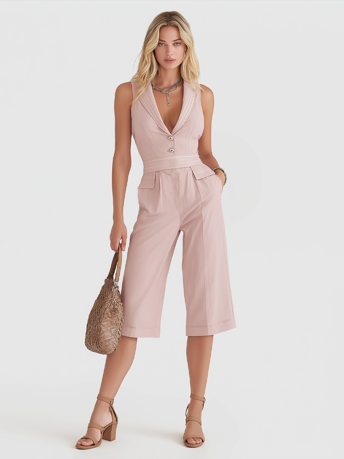ElevenOra Stylish Elegant Light Pink White Stripes V-Neck Notch Lapel Button-Front Sleeveless Slim-Fit Cotton Blend Romper