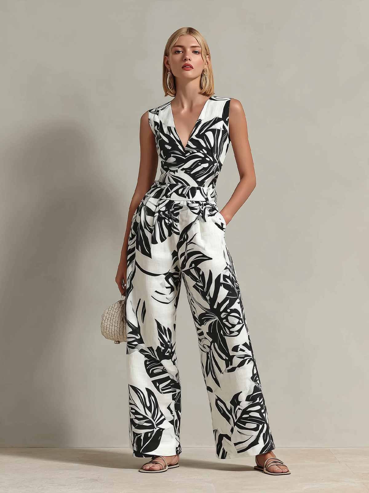 ElevenOra Chic Elegant White-Black Colorblock Leaf Print V-Neck Sleeveless Tailored-Waist Loose-Fit Cotton-Linen Blend Jumpsuit