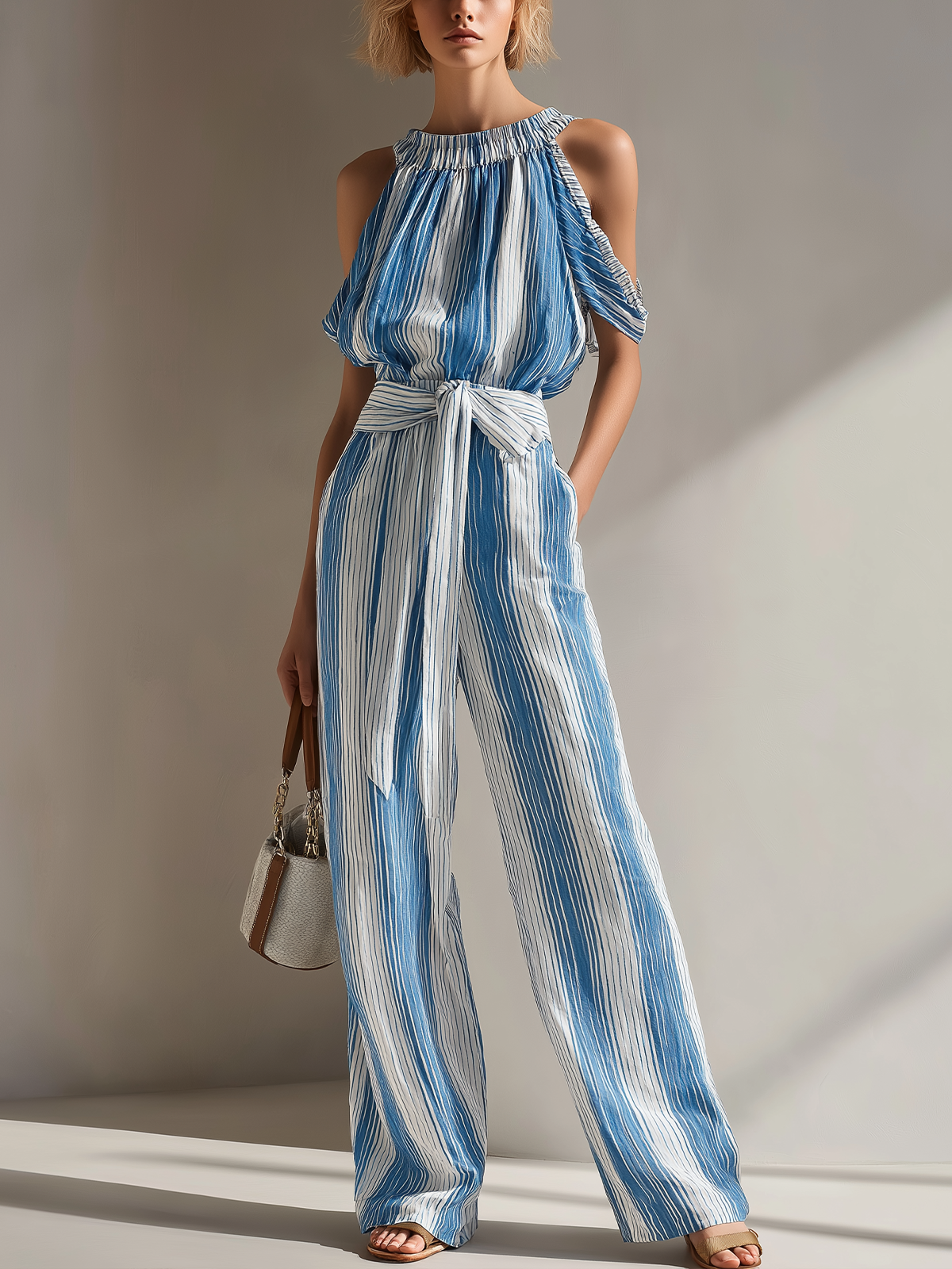 ElevenOra Chic White-Blue Stripe Round Collar Belted Sleeveless Loose-Fit Wide-Leg Cotton Blend Jumpsuit