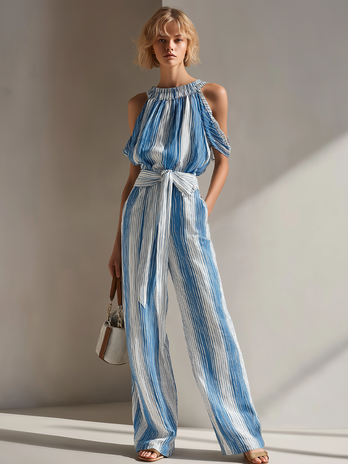 ElevenOra Chic White-Blue Stripe Round Collar Belted Sleeveless Loose-Fit Wide-Leg Cotton Blend Jumpsuit
