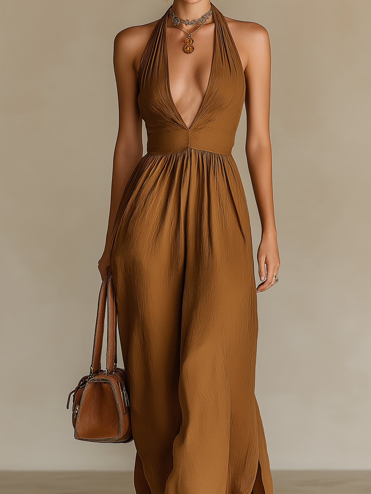 ElevenOra Chic Elegant Camel Cotton Blend Pleated Halter-Neck Sleeveless Tailored-Waist A-Line Maxi Dress