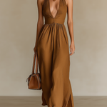 ElevenOra Chic Elegant Camel Cotton Blend Pleated Halter-Neck Sleeveless Tailored-Waist A-Line Maxi Dress