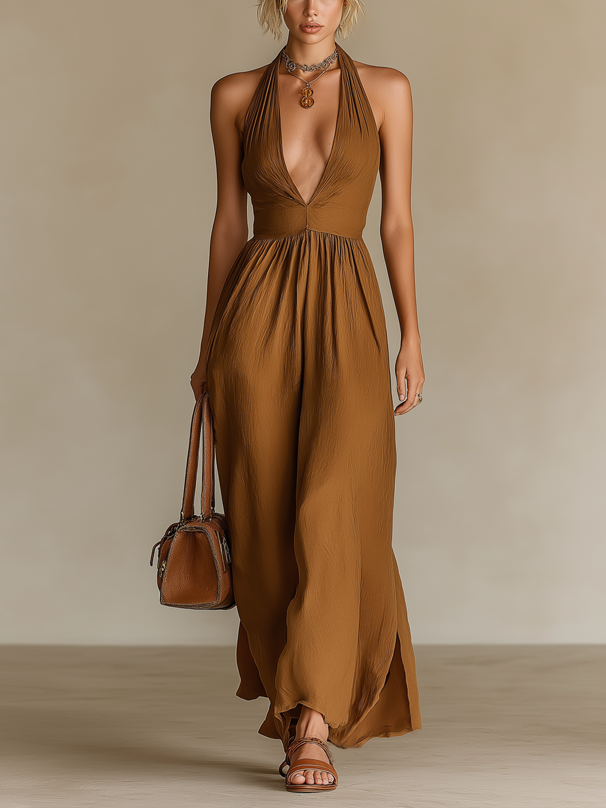 ElevenOra Chic Elegant Camel Cotton Blend Pleated Halter-Neck Sleeveless Tailored-Waist A-Line Maxi Dress