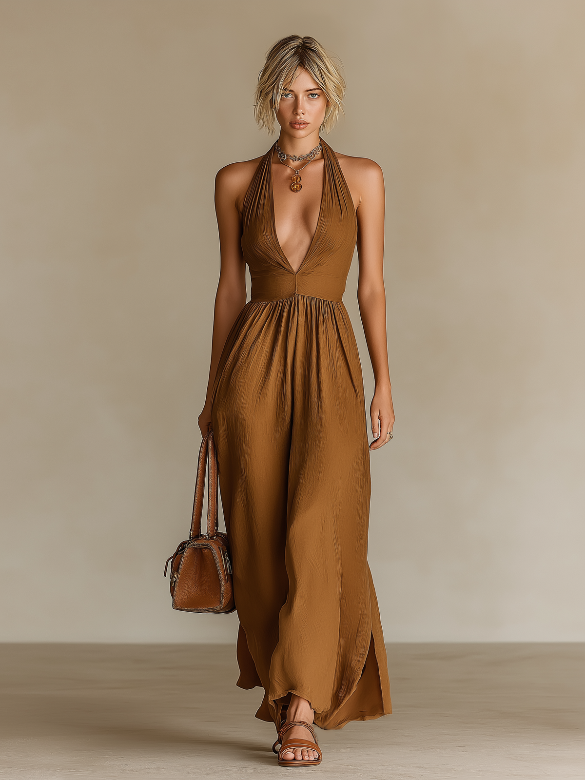 ElevenOra Chic Elegant Camel Cotton Blend Pleated Halter-Neck Sleeveless Tailored-Waist A-Line Maxi Dress