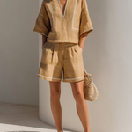 ElevenOra Chic Elegant Camel White Trim Detail V-Neck Short-Sleeve Loose-Fit Top Elastic-Waist Shorts Cotton-Linen Blend Two-Piece Set