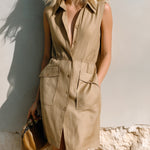 ElevenOra Chic Elegant Camel Cotton Linen Blend Lapel Collar Single-Breasted Sleeveless Loose-Fit Patch Pockets Mini Shirt Dress
