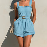 ElevenOra Chic Casual Blue Cotton Linen Blend Thin Straps Square-Neck Ruffle-Detail Sleeveless Belted Romper