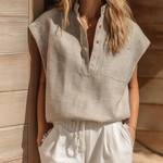 ElevenOra Chic Casual Beige Stand Collar Button-Front Drop Shoulder Sleeveless Patch Pockets Loose Cotton-Linen Vest Top