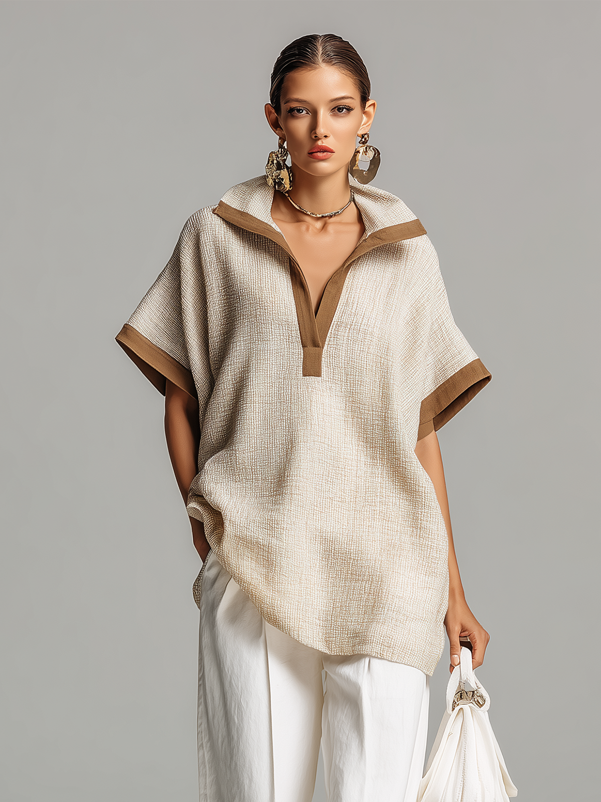 ElevenOra Chic Casual Beige Colorblock Lapel Collar V-Neck Short-Sleeve Loose-Fit Cotton-Linen Shirt Top