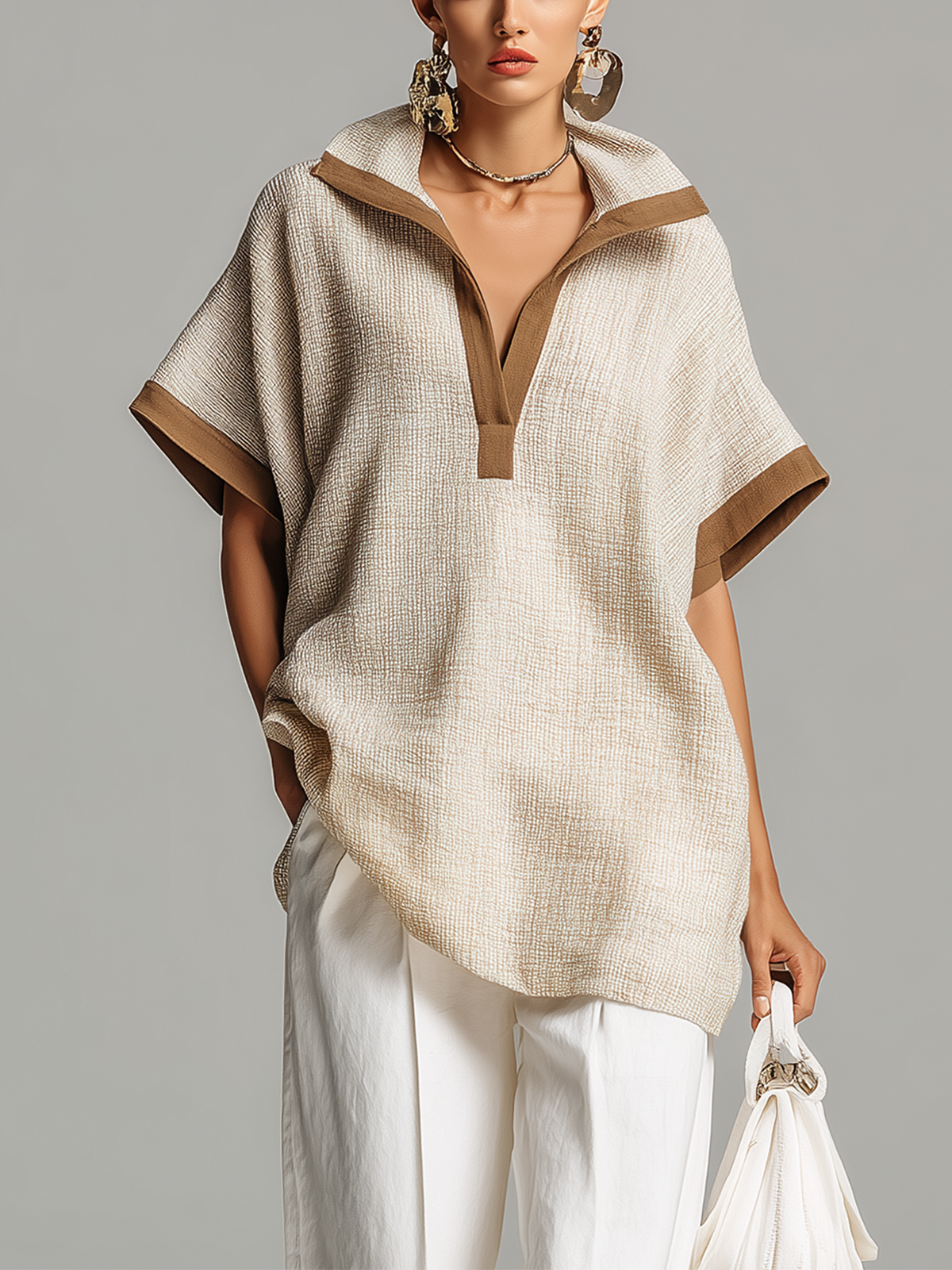 ElevenOra Chic Casual Beige Colorblock Lapel Collar V-Neck Short-Sleeve Loose-Fit Cotton-Linen Shirt Top