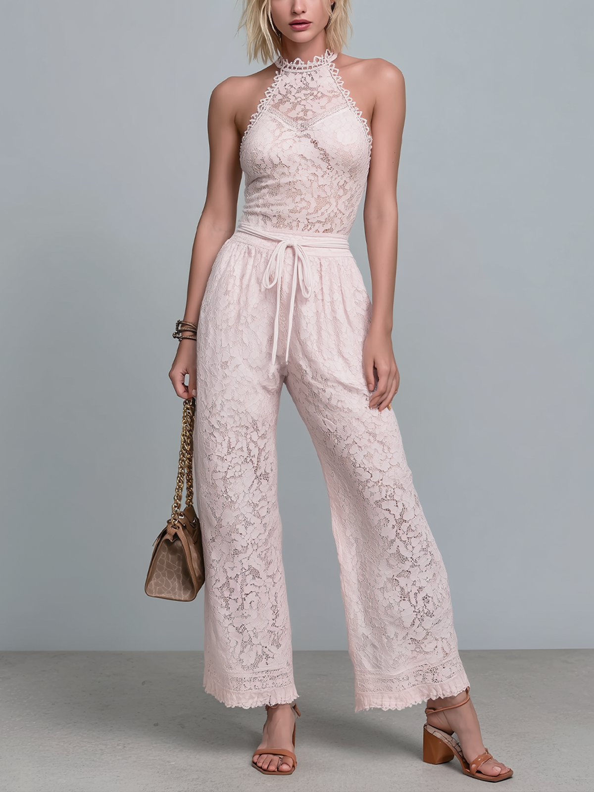 ElevenOra Chic Vintage Pink Halter Sleeveless Belted Loose-Fit Wide-Leg Lace Jacquard Jumpsuit