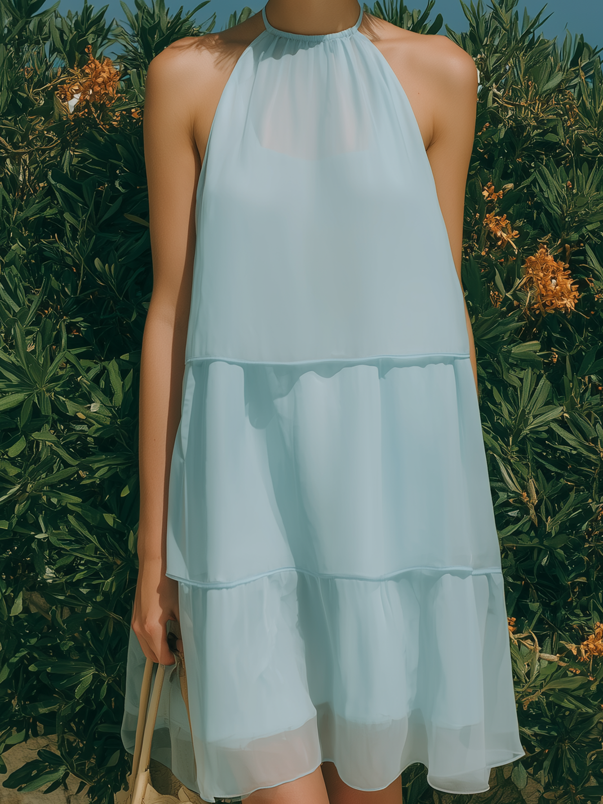 ElevenOra Chic Elegant Light Blue Chiffon Round-Neck Sleeveless Loose-Fit A-Line Mini Dress