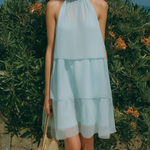 ElevenOra Chic Elegant Light Blue Chiffon Round-Neck Sleeveless Loose-Fit A-Line Mini Dress